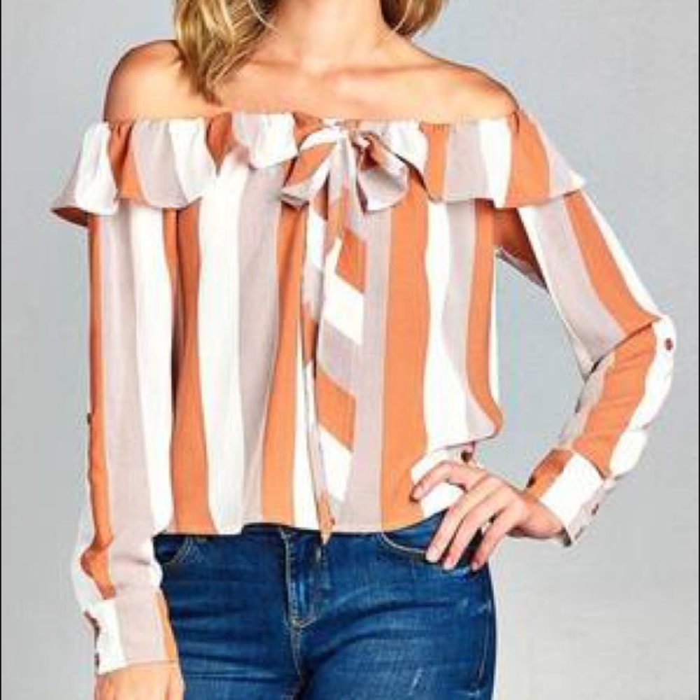 NWT Off The Shoulder Flounce Ribbon Tie Stripe Top